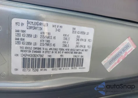 2003 Dodge Grand Caravan Sport z USA, uszkodzony, nr VIN 1D4GP443X3B247902